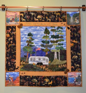 Quilt by Alicia Sterna shows her Airstream trailer, places she and her husband have been